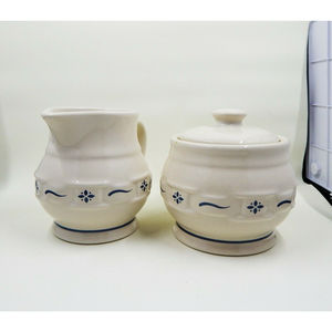 Longaberger Pottery Woven Tradition Blue Creamer and Sugar Bowl With Lid Set